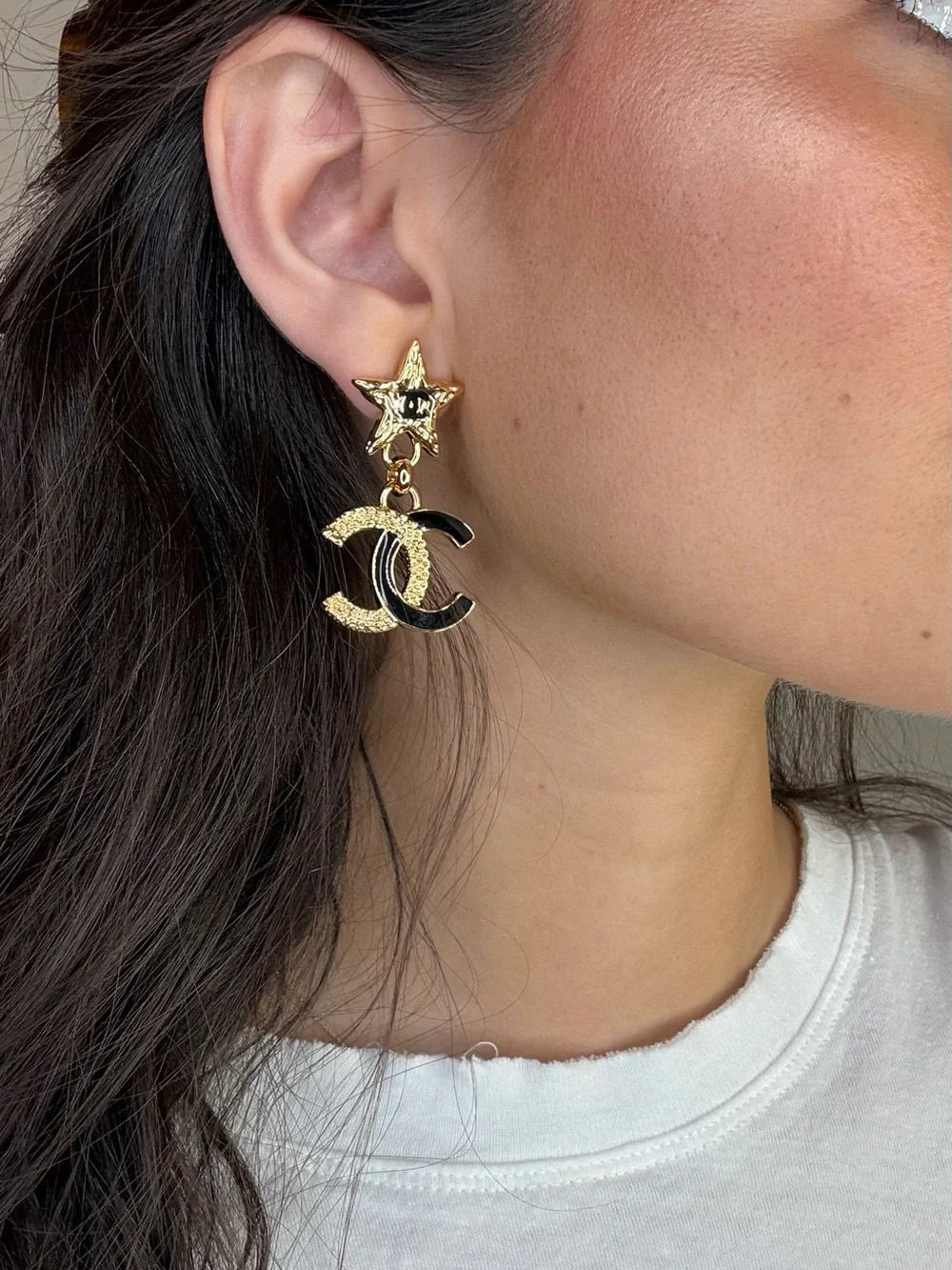 CHANEL Gold CC Drop Earrings with Chain Detail